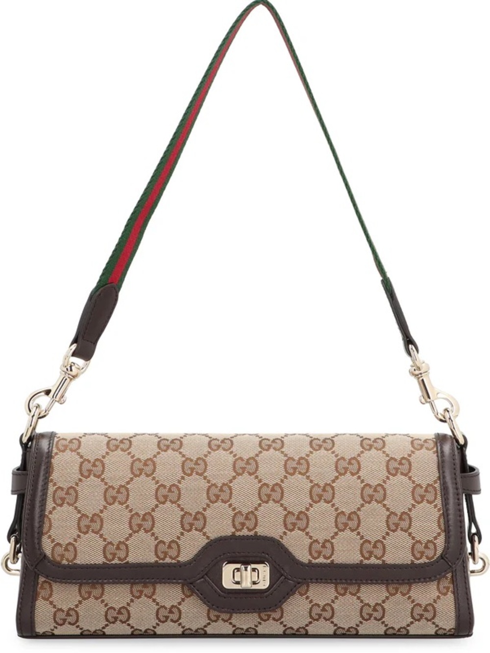 Gucci Beige GG Canvas Shoulder Bag with Brown Trim and Green-Red Strap